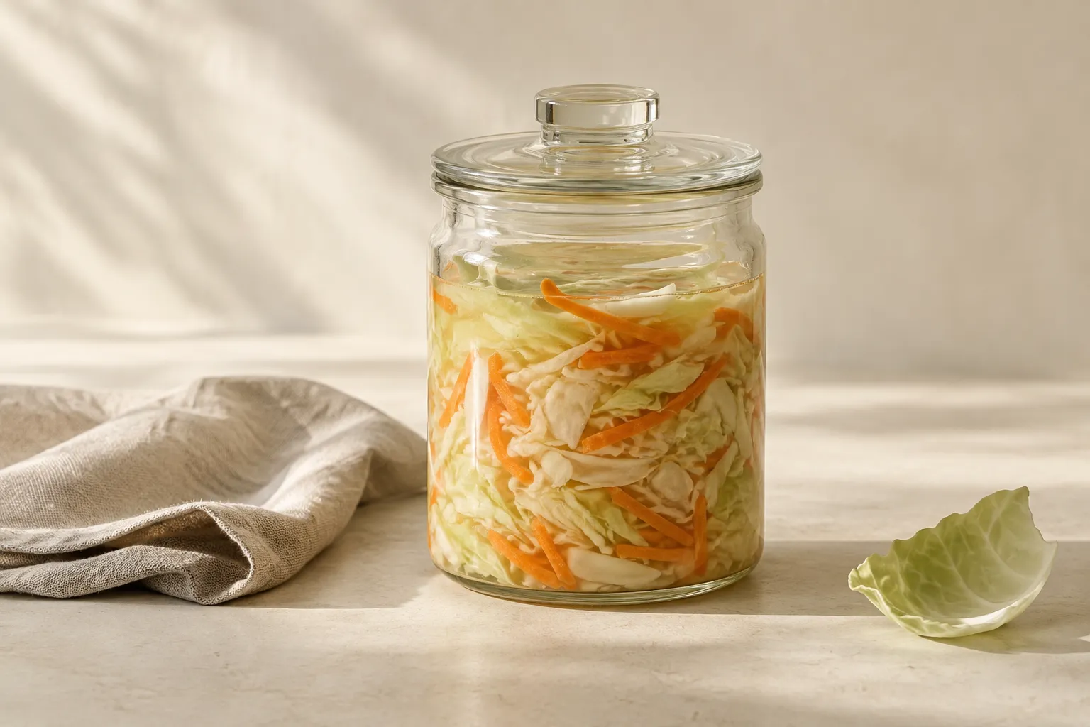 A glass jar filled with shredded cabbage and carrot beside a linen cloth and a cabbage leaf.