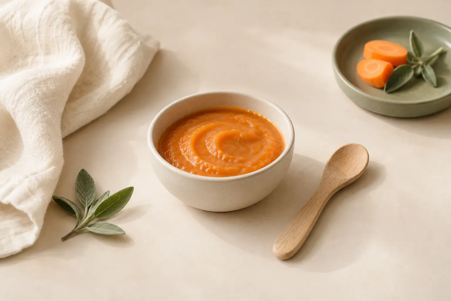 A ceramic bowl of orange purée beside a wooden spoon, linen, carrot pieces and green leaves.