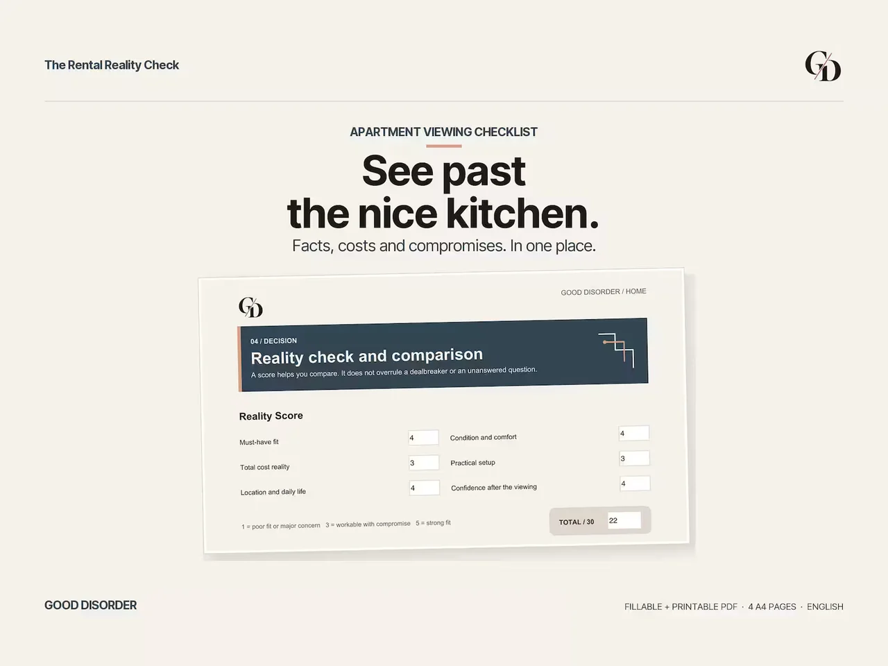 The Rental Reality Check apartment-viewing worksheet, showing the actual comparison page with example entries.
