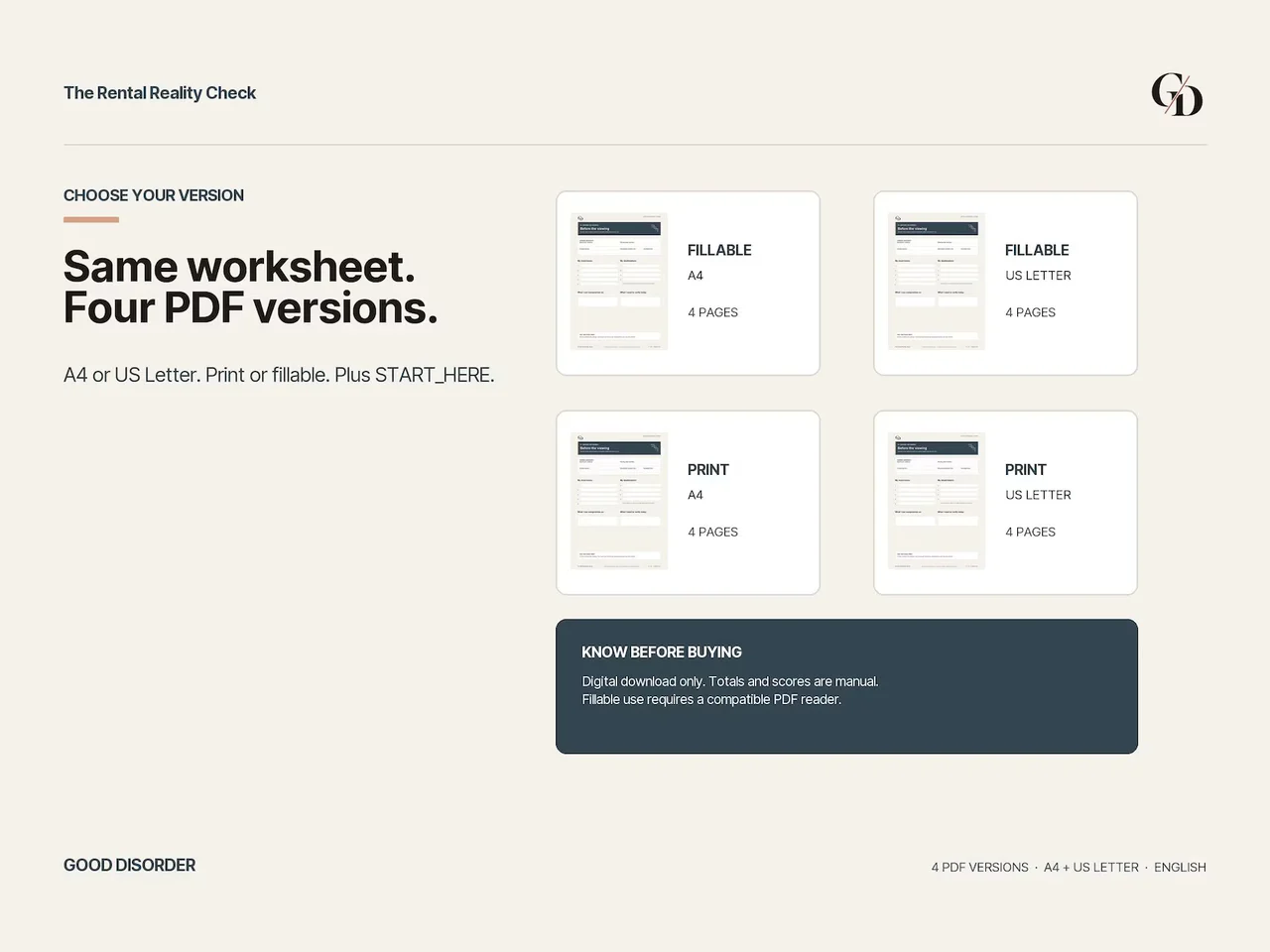 The same Rental Reality Check worksheet in four PDF versions: fillable and print editions, each in A4 and US Letter.