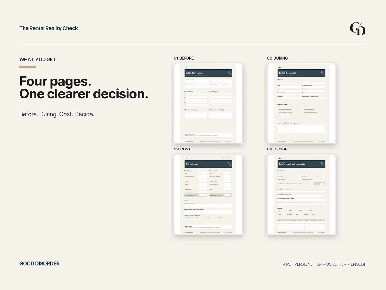 The four Rental Reality Check pages: before the viewing, during the viewing, the true cost, and reality check and comparison.